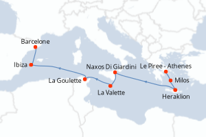 Carte itinéraire croisière - 9 jours au départ de Le Piree - Athenes - Méditerranée