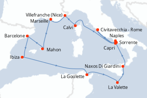 Carte itinéraire croisière - 14 jours au départ de Civitavecchia - Rome - Méditerranée
