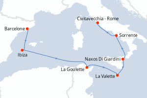 Carte itinéraire croisière - 7 jours au départ de Barcelone - Méditerranée