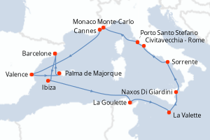 Carte itinéraire croisière  - 14 jours au départ de Barcelone - Méditerranée