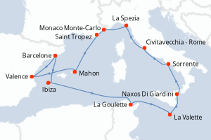 Carte itinéraire croisière  - 14 jours au départ de Barcelone - Méditerranée