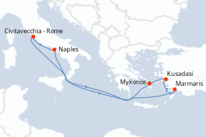 Carte itinéraire croisière - 7 jours au départ de Civitavecchia - Rome - Méditerranée