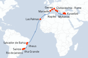 Carte itinéraire croisière - 25 jours au départ de Civitavecchia - Rome - Transatlantique