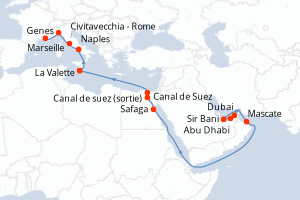 Carte itinéraire croisière - 20 jours au départ de Dubai - Moyen-Orient Dubaï
