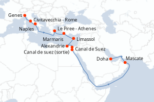 Carte itinéraire croisière - 19 jours au départ de Genes - Mer Rouge Océan Indien