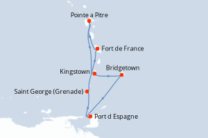 Carte itinéraire croisière - 7 jours au départ de Fort de France - Caraïbes Bahamas