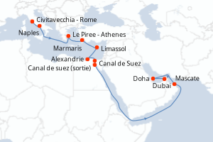 Carte itinéraire croisière Italie, Qatar, Oman, Egypte, Chypre, Turquie, Grèce. - 20 jours au départ de Dubai - Moyen-Orient Dubaï