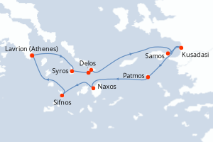 Carte itinéraire croisière Iles Grecques et Turquie - 7 jours au départ de Lavrion (Athenes) - Iles Grecques