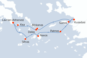Carte itinéraire croisière Iles Grecques et Turquie - 7 jours au départ de Lavrion (Athenes) - Iles Grecques