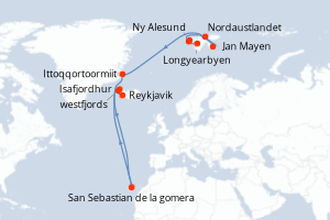 Carte itinéraire croisière - 13 jours au départ de Longyearbyen - Europe du Nord