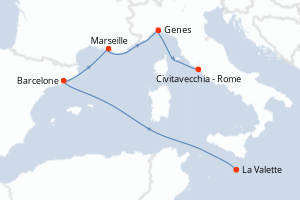 Carte itinéraire croisière - 5 jours au départ de La Valette - Méditerranée