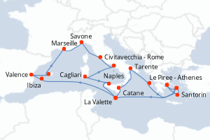 Carte itinéraire croisière - 20 jours au départ de Le Piree - Athenes - Méditerranée