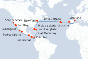 Carte itinéraire croisière - 37 jours au départ de Barcelone - Transatlantique
