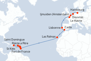 Carte itinéraire croisière - 25 jours au départ de Hambourg - Transatlantique