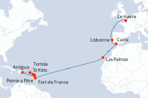 Carte itinéraire croisière - 20 jours au départ de Le Havre - Transatlantique