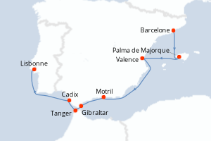 Carte itinéraire croisière - 7 jours au départ de Barcelone - Atlantique