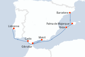 Carte itinéraire croisière - 7 jours au départ de Lisbonne - Méditerranée