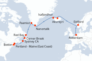 Carte itinéraire croisière - 17 jours au départ de Boston - Transatlantique