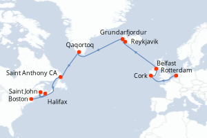 Carte itinéraire croisière - 18 jours au départ de Rotterdam - Transatlantique