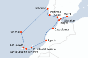Carte itinéraire croisière - 13 jours au départ de Lisbonne - Atlantique