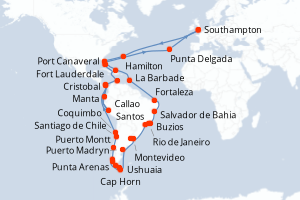 Carte itinéraire croisière - 82 jours au départ de Southampton - Europe du Nord