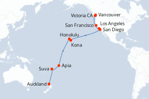 Carte itinéraire croisière - 24 jours au départ de Auckland - Alaska
