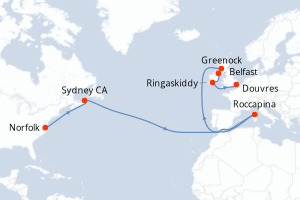 Carte itinéraire croisière - 15 jours au départ de Norfolk - Transatlantique