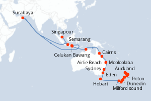 Carte itinéraire croisière De Singapour à Auckland - 35 jours au départ de Singapour - Australie Nouvelle Zélande