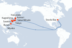 Carte itinéraire croisière - 12 jours au départ de Tokyo - Asie