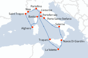 Carte itinéraire croisière - 14 jours au départ de Nice - Méditerranée