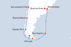 Carte itinéraire croisière - 15 jours au départ de Buenos Aires - Amérique du Sud