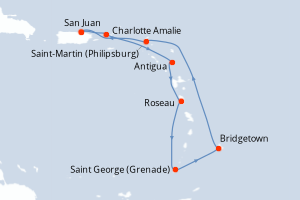 Carte itinéraire croisière - 8 jours au départ de San Juan - Caraïbes Bahamas
