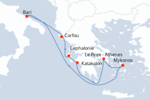 Carte itinéraire croisière - 7 jours au départ de Bari - Adriatique