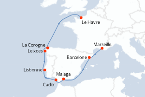 Carte itinéraire croisière  - 9 jours au départ de Marseille - Europe du Nord