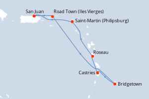 Carte itinéraire croisière - 7 jours au départ de San Juan - Caraïbes Bahamas
