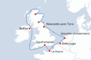 Carte itinéraire croisière  - 11 jours au départ de Southampton - Europe du Nord