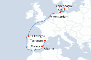 Carte itinéraire croisière - 10 jours au départ de Kiel - Méditerranée
