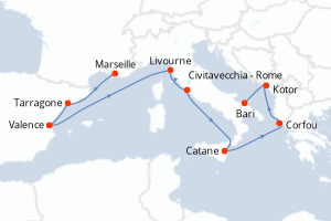 Carte itinéraire croisière - 9 jours au départ de Marseille - Adriatique