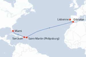 Carte itinéraire croisière - 15 jours au départ de Lisbonne - Caraïbes Bahamas