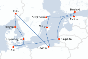 Carte itinéraire croisière - 12 jours au départ de Copenhague - Europe du Nord