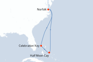 Carte itinéraire croisière - 6 jours au départ de Norfolk - Caraïbes Mexique