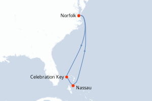 Carte itinéraire croisière - 6 jours au départ de Norfolk - Caraïbes Mexique