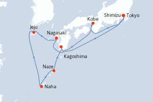 Carte itinéraire croisière Japon, Corée - 12 jours au départ de Tokyo - Asie