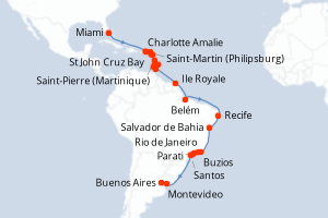 Carte itinéraire croisière - 34 jours au départ de Miami - Amérique du Sud