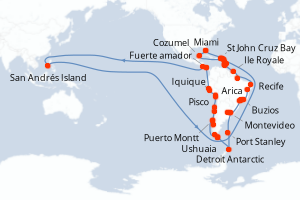 Carte itinéraire croisière - 74 jours au départ de Miami - Tour du Monde