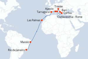 Carte itinéraire croisière  - 19 jours au départ de Rio de Janeiro - Transatlantique