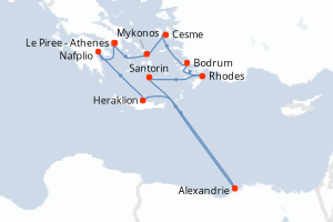 Carte itinéraire croisière  - 11 jours au départ de Le Piree - Athenes - Méditerranée