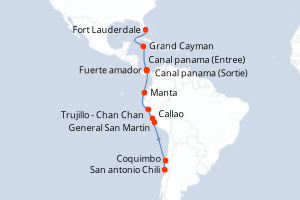 Carte itinéraire croisière - 17 jours au départ de San antonio Chili - Caraïbes Bahamas