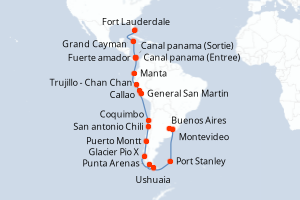Carte itinéraire croisière - 32 jours au départ de Buenos Aires - Caraïbes Bahamas