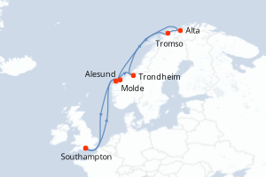 Carte itinéraire croisière - 14 jours au départ de Southampton - Europe du Nord